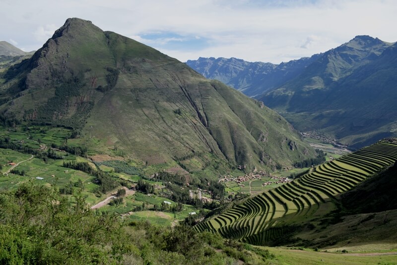 Sacred Valley's Pisco Agricultural terraces during Lima to Cusco 13 Days Overland Tour